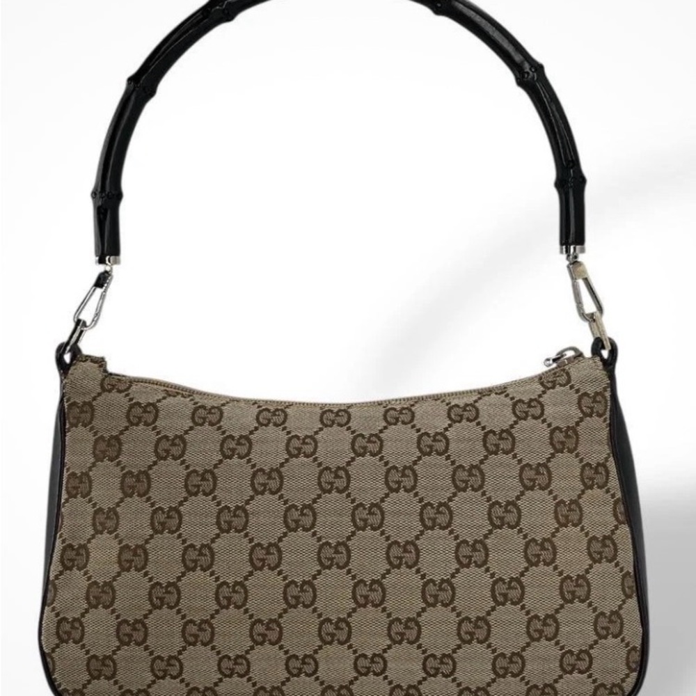 Gucci Beige Brown GG Canvas Shoulder Bag with Black Bamboo Handle